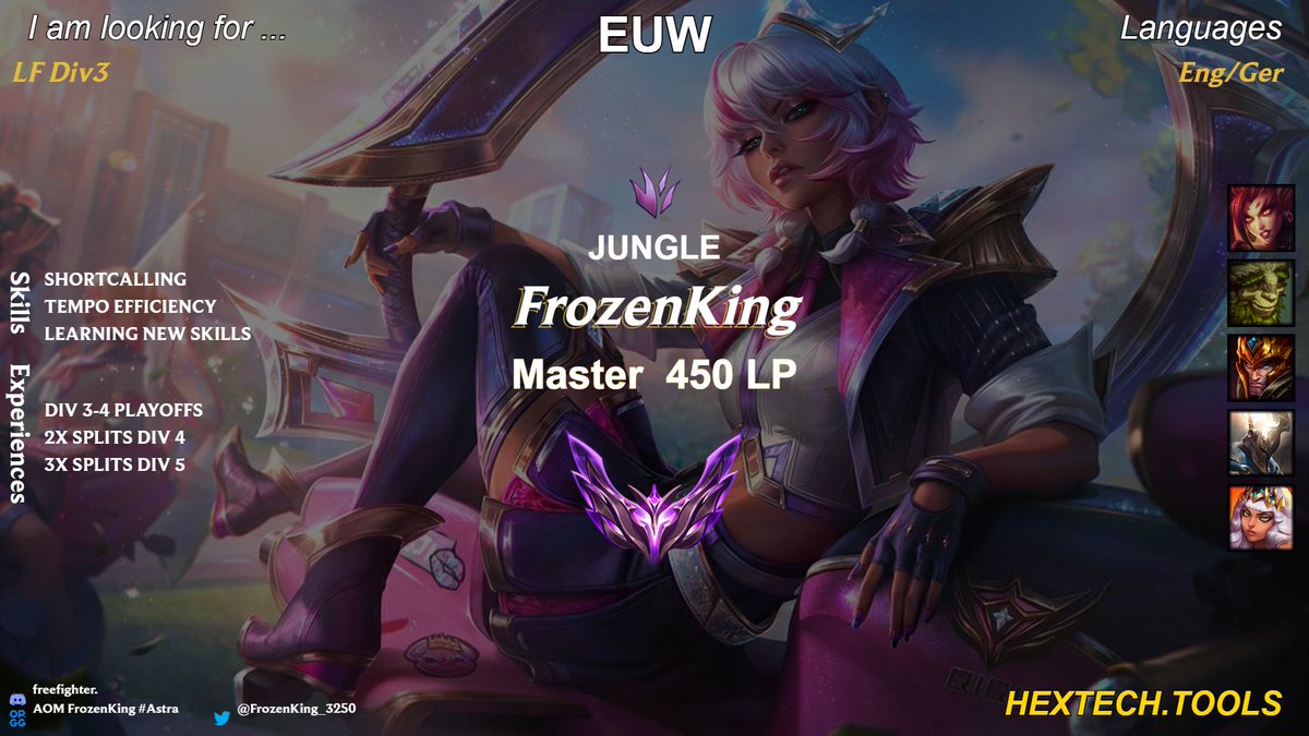 Lookin for a new challange in Div3. Bloodhungry and ready to improve! 
Add me on discord for more information.
Likes &amp; Retweets are appreciated♥️