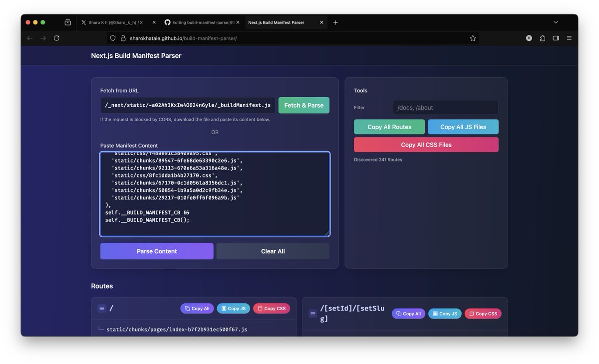 Sharo_k_h's tweet image. 🚀 New Tool Alert!
Easily parse _buildManifest.js files from Next.js web apps 🔍

🛠 Try it online: sharokhataie.github.io/build-manifest…
💻 Source code: github.com/SharokhAtaie/b…

#BugBounty #JS #NextJS #WebSecurity