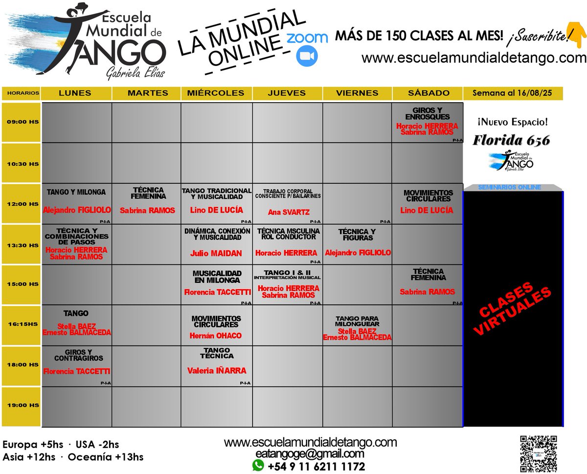 ✨La 𝑴𝒖𝒏𝒅𝒊𝒂𝒍 ONLINE x 𝐙𝐎𝐎𝐌. Semana1️⃣1️⃣ 𝐚𝐥 1️⃣7️⃣ 𝐝𝐞 AGOS 2️⃣5️⃣ 
Horarios clases regulares online x 𝐙𝐎𝐎𝐌: escuelamundialdetango.com/suscripcion/
Mensual o pack 4 clases.
📱 Whatsapp: +54 9 11 6211 1172  / 📧eatangoge@gmail.com
Presenciales en 𝐅𝐥𝐨𝐫𝐢𝐝𝐚 𝟔𝟓𝟔, 1er piso, CABA