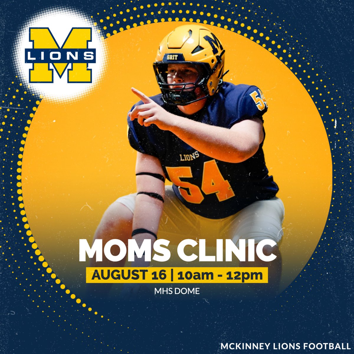 〽️💙2025 McKinney Football Moms and Mother Figures Clinic!💙〽️

Saturday, August 16th from 10am-Noon at the MHS Dome!

#COE
#GRIT
#GoldStandard