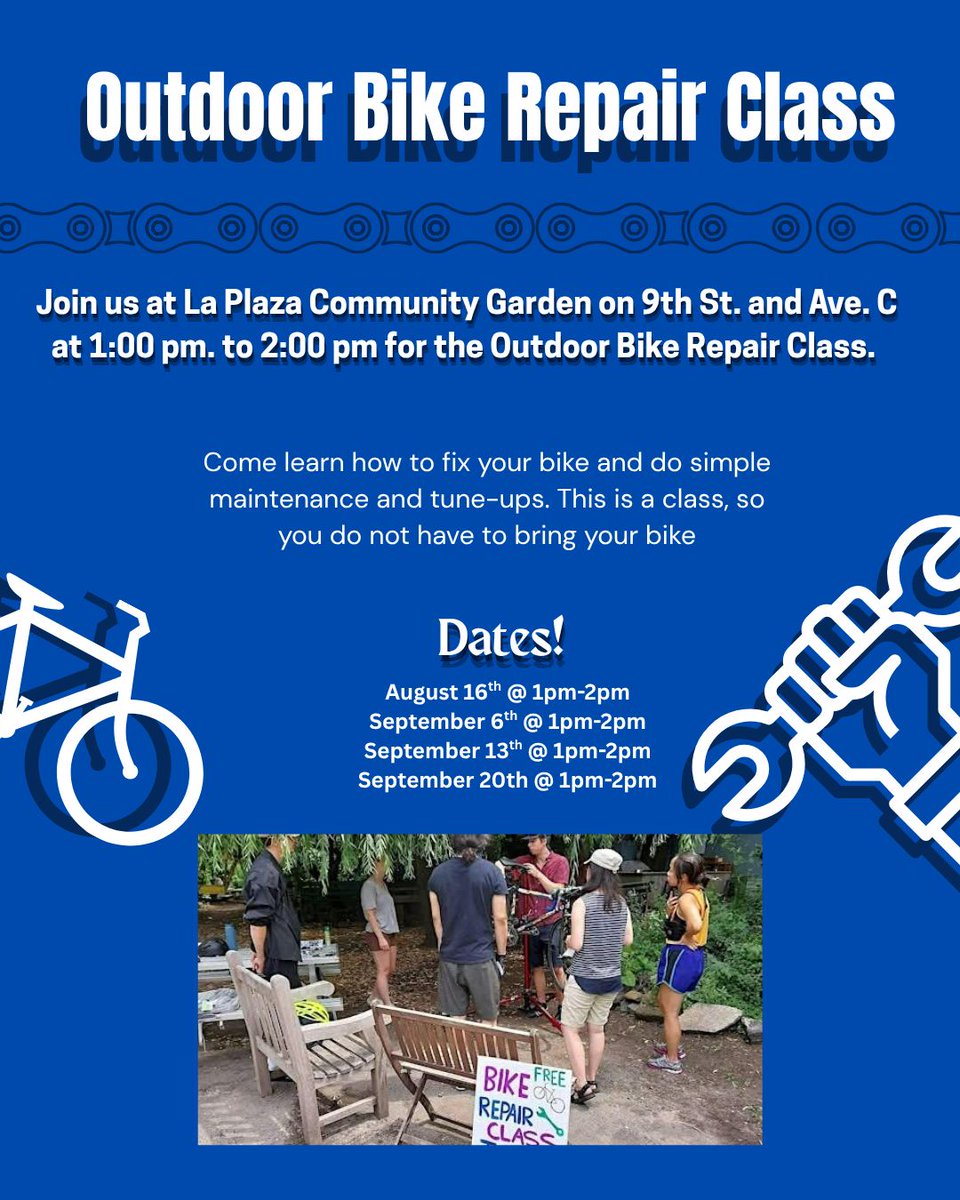 MoRUSNYC's tweet image. Dates for Outdoor Bike Repair Workshop
Join us at La Plaza Community Garden on 9th St. and Ave. C at 1:00 pm. to 2:00 pm for the Outdoor Bike Repair Class.
#Bikeworkshop #freeeventsnyc
#bikerepair