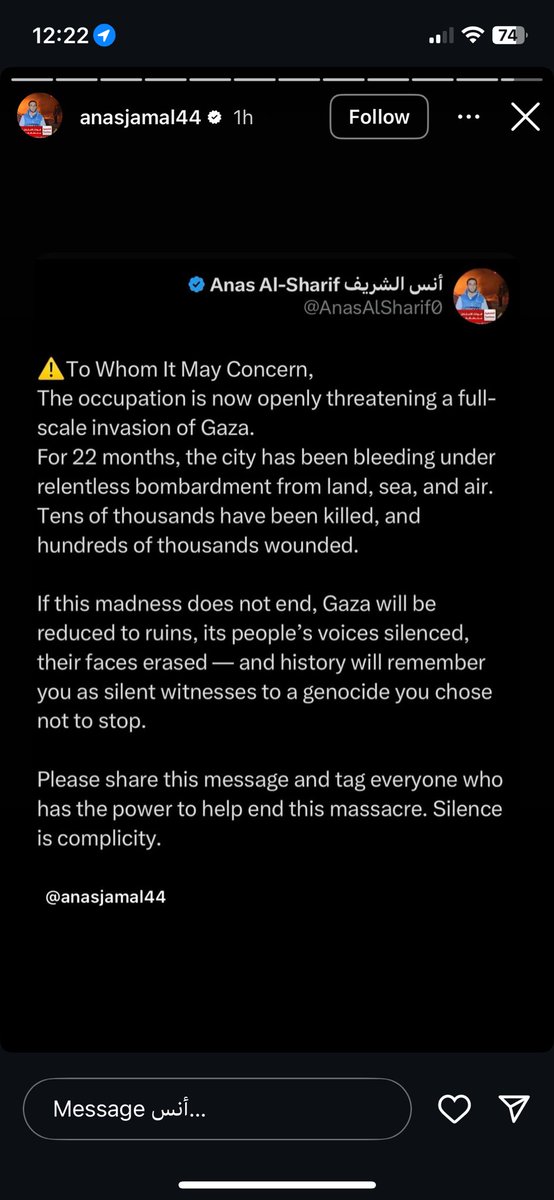 his last story was an hour ago…they assassinated him right after this story…my brain is still trying to comprehend this. they killed all of al jazeera’s journalist team…