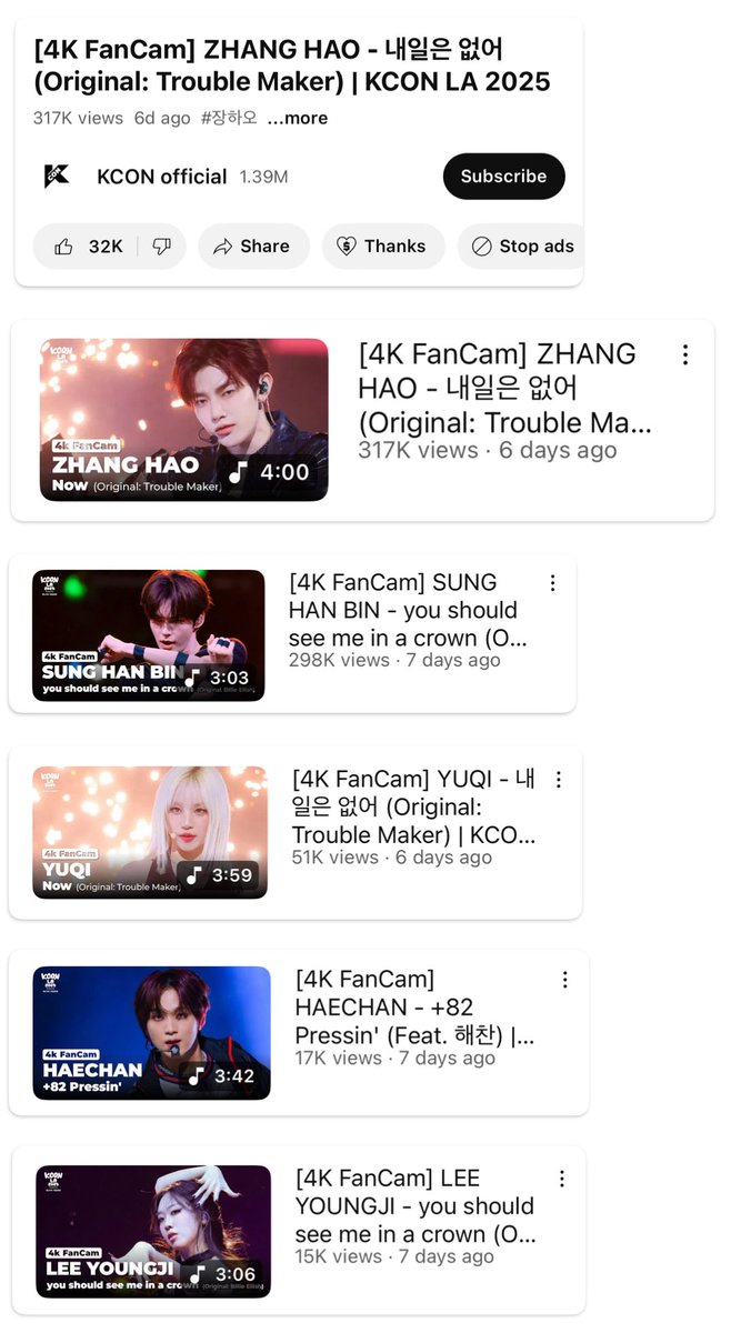 📊KCON LA | YouTube

Zhang Hao’s ‘Now’ (내일은 없어) fancam is the first KCON LA fancam to surpass 300k views

Most Viewed Fancam (2025)

1.   ZB1 Zhang Hao — 317K🔥 
2.  ZB1 Sung Hanbin — 298K
3.  i-dle Yuqi — 51K 
4.  NCT Haechan — 17k
5.  Lee Youngji — 15k

— Zhang Hao’s