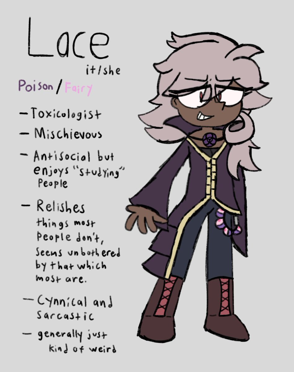 Poison/Fairy type specialist for a playthrough of Pokémon Reborn that I likely won't even be doing for a long while  

Essentially just a modified version of Decibel design-wise, but with some changes to reflect this version's personality and make it a distinct character