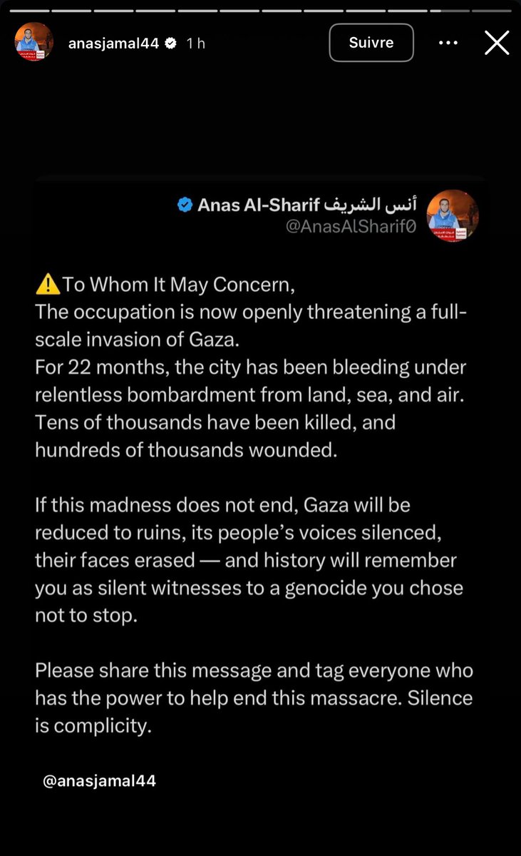 Dernier tweet et dernière story d'Anas Al Sharif