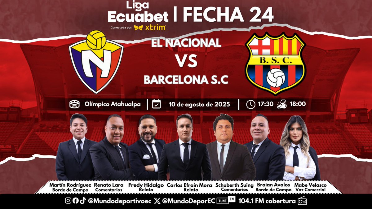 MUNDO DEPORTIVO EC 🇪🇨 (@mundodeporec) on Twitter photo 🏆¡LIGAPRO! Cerramos la jornada de domingo con la fecha 24 de la #LigaEcuabet desde el estadio Olímpico Atahualpa.
<a href="/elnacionalec/">Club Deportivo El Nacional</a> 🆚 <a href="/BarcelonaSC/">BARCELONA S.C.</a>
🎙️ <a href="/CarlosEfrainM/">Carlos Efraín Mora M</a>
🎙️ <a href="/FPHidalgo/">Fredy Patricio Hidalgo</a>
🗒️ <a href="/SchuberthSuingV/">Schuberth Suing</a>
🗒️ <a href="/RenatoLara6/">Renato Lara</a>
🏟️ <a href="/martinrm_10/">Martin Rodriguez</a>
🏟️ <a href="/Braian_AvalosG/">Braian Andrés Avalos</a>
🗣️ <a href="/mabe_velasco/">Mabe</a> 🏆¡LIGAPRO! Cerramos la jornada de domingo con la fecha 24 de la #LigaEcuabet desde el estadio Olímpico Atahualpa.
<a href="/elnacionalec/">Club Deportivo El Nacional</a> 🆚 <a href="/BarcelonaSC/">BARCELONA S.C.</a>
🎙️ <a href="/CarlosEfrainM/">Carlos Efraín Mora M</a>
🎙️ <a href="/FPHidalgo/">Fredy Patricio Hidalgo</a>
🗒️ <a href="/SchuberthSuingV/">Schuberth Suing</a>
🗒️ <a href="/RenatoLara6/">Renato Lara</a>
🏟️ <a href="/martinrm_10/">Martin Rodriguez</a>
🏟️ <a href="/Braian_AvalosG/">Braian Andrés Avalos</a>
🗣️ <a href="/mabe_velasco/">Mabe</a>