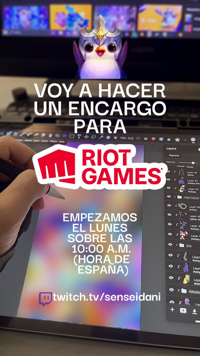 hoy a eso de las 10:00 AM empezaré directo en <a href="/TwitchES/">Twitch ES</a> y estaré haciendo un encargo para Riot Games. Pásate a echar un ojo y a saludar. Tienes el enlace al canal en mi perfil.