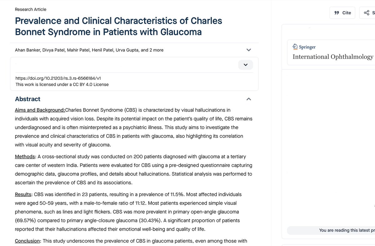 impateldivya's tweet photo. Excited to share our cross-sectional study on the Prevalence & Characteristics of Charles Bonnet Syndrome (CBS) in Glaucoma Patients published in @SN_Ophthalmol 

🧠 Key Findings:
• CBS prevalence: 11.5% in glaucoma patients
• Occurs even with relatively good visual acuity
• Often misdiagnosed as psychiatric illness
• Common hallucinations: simple visual phenomena (lines, flickers)
• Significant psychosocial impact & reduced quality of life

Our findings highlight the need for greater clinician awareness, early identification, and patient counseling to avoid misdiagnosis & improve outcomes.

🔗 Read here: https://t.co/Y5DITtH41z

@AHNIMres @TKapetanos 

#SpringerNature #Ophthalmology #Glaucoma #CharlesBonnetSyndrome #EvidenceBasedMedicine