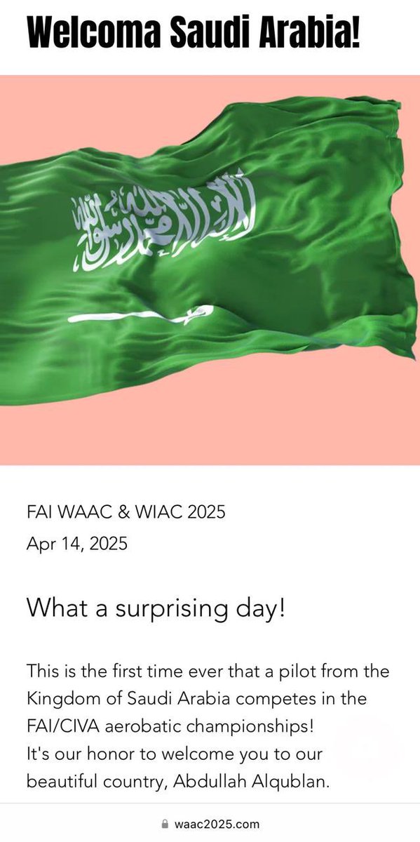 إنه لشرف عظيم لي، وبعد سنوات من الإصرار ومواجهة التحديات، أن أكون أول سعودي ينال شرف تمثيل مملكتنا الغالية في بطولة العالم للطيران الاستعراضي (World Aerobatic Championships)، التي تُعد من أقوى وأصعب الرياضات في العالم. وكان خلف هذا الإنجاز قائدي وملهمي والداعم الأكبر لي، سمو سيدي