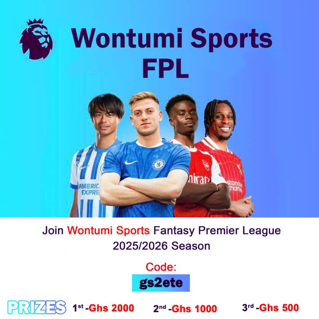 Fancy Di Maria (@fancydimaria_) on Twitter photo #WontumiSports Fantasy Premier League prizes:
1st - 2,000 gh
2nd - 1,000 gh
3rd - 500 gh
CODE to join: gs2ete
#WontumiSportsBuffet #WontumiSports Fantasy Premier League prizes:
1st - 2,000 gh
2nd - 1,000 gh
3rd - 500 gh
CODE to join: gs2ete
#WontumiSportsBuffet