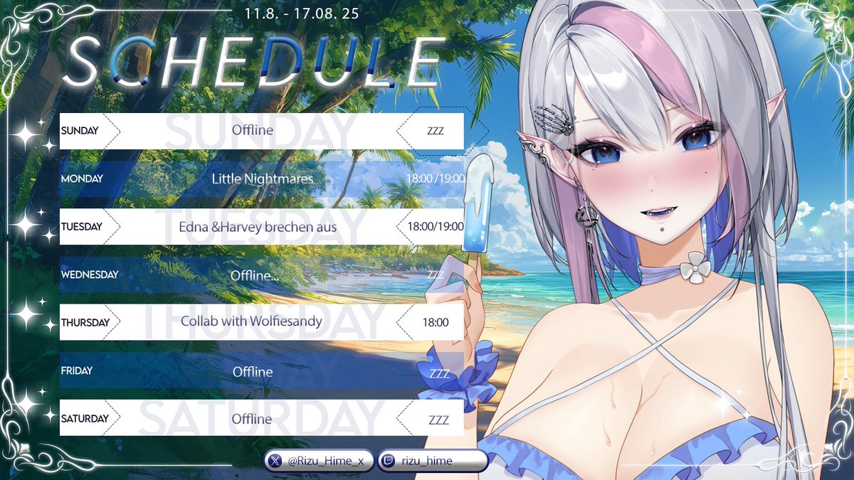 Neuer Streamplan für die heiße kommende Woche ~

Kommt gern vorbei <3
twitch.tv/rizu_hime

#twitch #Vtuber #streamer