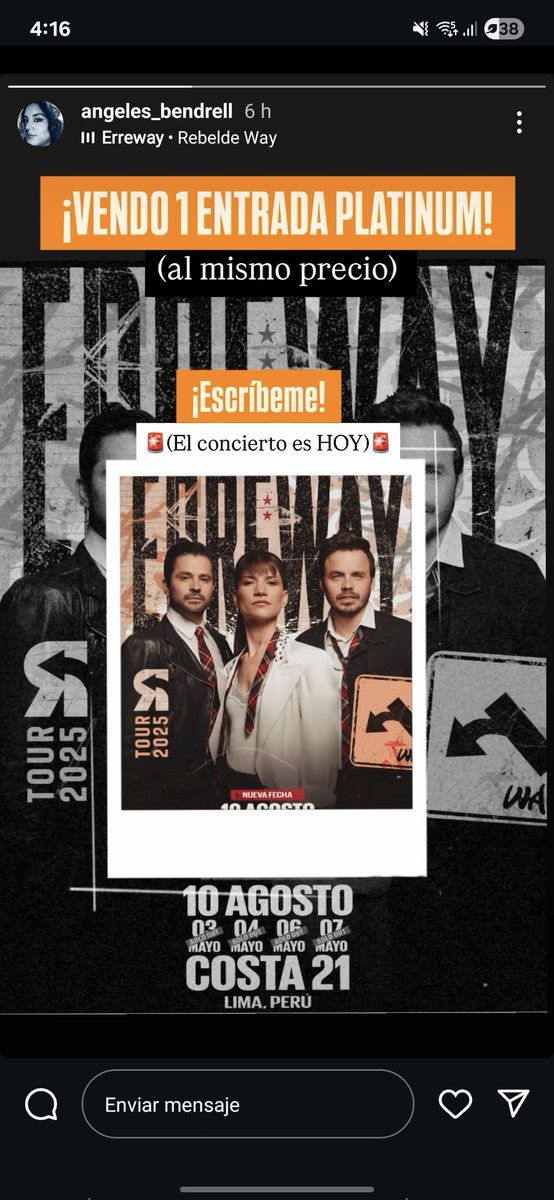 Vendo entrada Platinum para el concierto de Erreway de hoy en Lima 🙏🏼