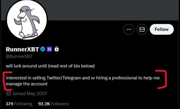 RunnerXBT Twitter 个人资料截图，显示出售意向