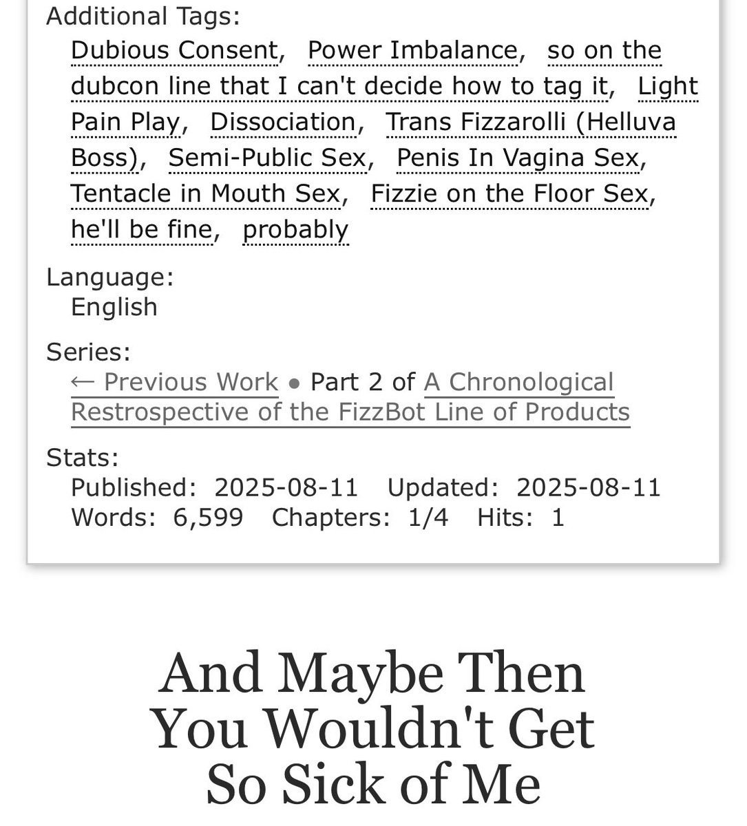 SilverServerErr's tweet photo. #MammonHelluvaBoss #FizzMammon #FizzBot #RoboFizz On a long enough timescale… #BlitzFizz
And Maybe Then You Wouldn’t Get So Sick of Me
Coauthored by @itsblitz0
Aussie checked by @howdareyoudothi
Chapter 1/4
A completely reasonable 6.5K
https://t.co/f5hJd0VcO8 https://t.co/Tk0F3tVB7j