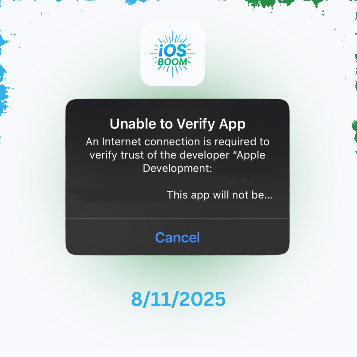 iosboom's tweet image. Hi guys 🥳
Important Notice  App Verification Issue

A small number of users are currently seeing an “Unable to Verify App” error when trying to open apps.

In the past, this error usually meant the wrong certificate was being used. This time, however, users are using the…
