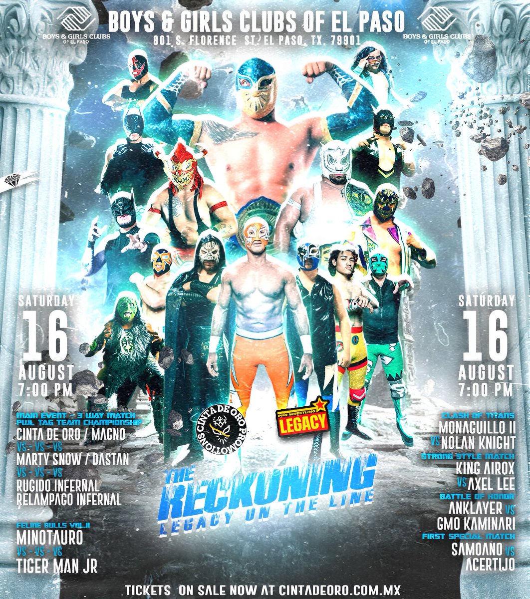 🏆 THIS IS IT – FOR THE CHAMPIONSHIP! 🏆

PWL vs. Cinta De Oro’s School of Lucha Libre in a 3-Way Match for the PWL Tag Team Championship ⚡

📅 Sat, Aug 16 – Boys &amp; Girls Clubs of El Paso (801 S Florence, 79901)

🎉 Fun • 🍔 Food • 🍺 Old Sheepdog Brewery • 🛍 Merchandise and