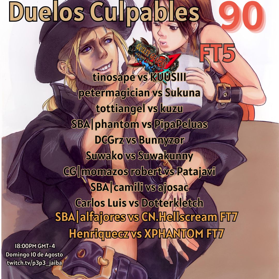 Ahora comienzan los duelos culpables 90! 
 
Stream aca: twitch.tv/p3p3_jaiba