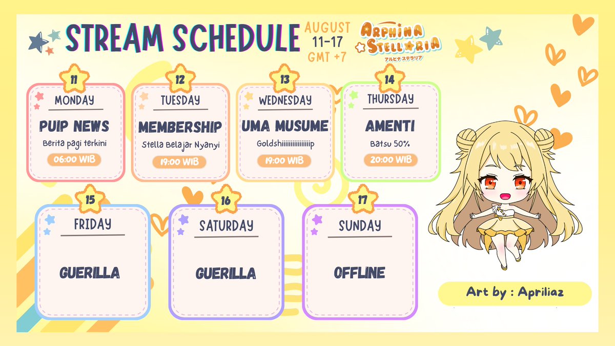 arphinastellar's tweet photo. 【WEEKLY SCHEDULE】
✦ Youtube & Bstation Channel: Arphina Stellaria
✦ Discord Server : https://t.co/M1gRsfiD2O
✦ Fanart: #ArtPhina
✦ Meme: #Arphisang
✦ Live: #StellAwake
✦ Announce: #Stellannounce
✦ NSFW: #StellUnsafe
*Jadwal dapat berubah sewaktu waktu https://t.co/02HVX6cglE