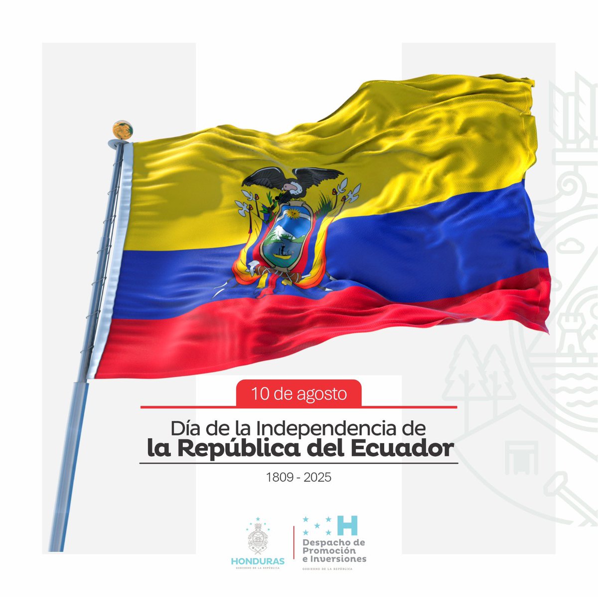 🇪🇨🤝🇭🇳
Hoy conmemoramos el Día de la Independencia de la República del Ecuador, celebrando su historia, cultura y lazos de amistad que nos unen.
Desde Honduras, enviamos un fraternal saludo al pueblo ecuatoriano, reafirmando nuestro compromiso con la cooperación, la inversión y