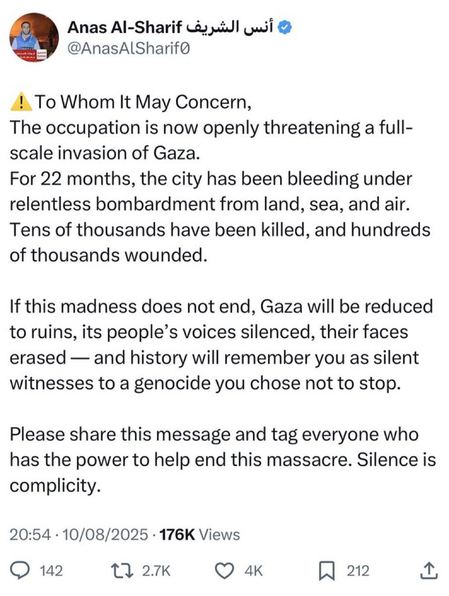 🚨 Two Al Jazeera journalists,  Anas Al-Sharif and Mohammed Qreiqea, were killed as a result of an Israeli strike on their tent in Gaza. 

Anas posted on X  “Silence is complicity”, shortly before being targeted by the IDF.