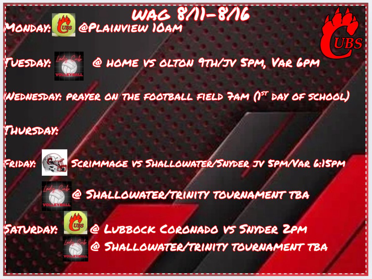 CubsBISD's tweet photo. All sports WAG 8/11-8/16 https://t.co/VOXqoxGN5w