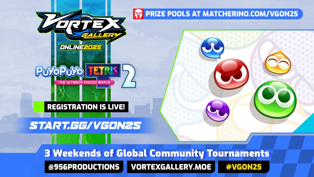 🧩 It's big brain time.

Change up the pace and sign up for Puyo Puyo Tetris 2 (Global) at Vortex Gallery Online 2025 today!

➡️ Pre-reg at start.gg/VGON25

#VGON25