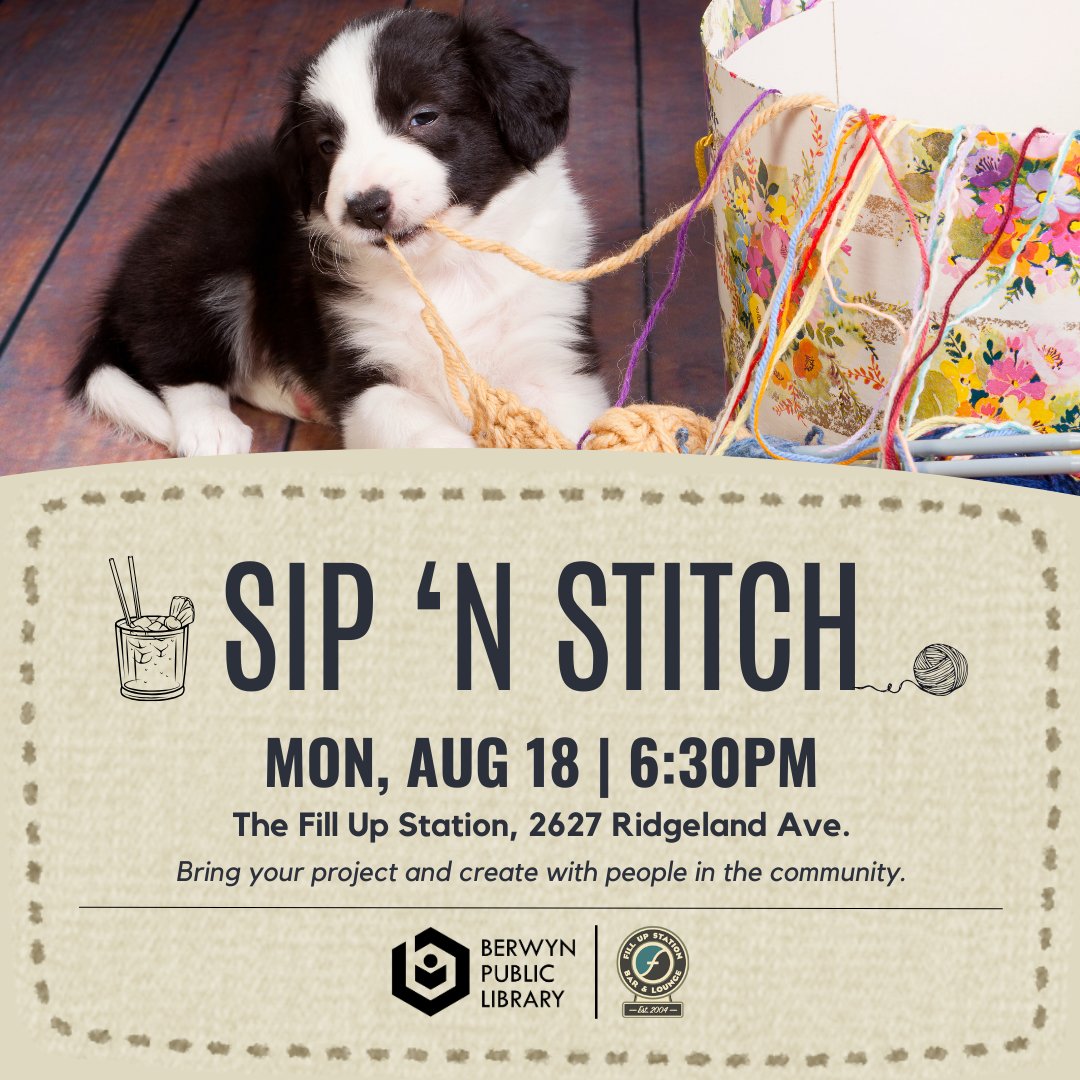 Join the #BPLibrary next Monday at the Fill Up Station for another evening of sipping 'n stitching! To register, visit ow.ly/NUiG50Wwcj2.