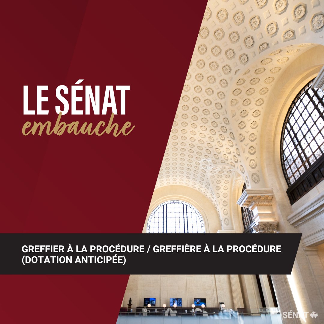 Joignez-vous au Sénat en tant que Greffier à la procédure / Greffière à la procédure (dotation anticipée).

Postulez avant le 1 septembre : ow.ly/yKNa50WCeZs

#SenCA