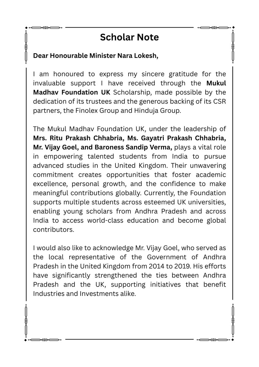 KhaliDevallah's tweet photo. Honoured to get the Mukul Madhav Foundation UK Scholarship as a student from Andhra Pradesh. Inspired by Honourable Minister @naralokesh   work in education. Thanks to the Foundation, Finolex Group, Hinduja Group &amp; trustees for the support! #AP #Scholarship #Education https://t.co/o6gXfaoRD9