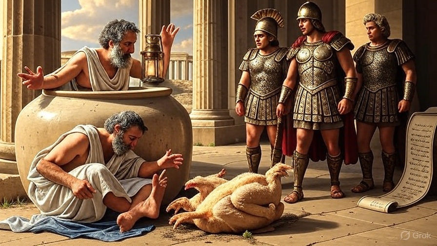 🧠 DIOGENES of Sinope (دقيانوس): Ancient Philosophy's Most Iconic Rebel! 🌟

🏺 The Ultimate Minimalist:
• Lived in a ceramic JAR (or tub) in Athens, rejecting all wealth, social norms, and material possessions.
• Championed radical self-sufficiency, virtue through reason, and