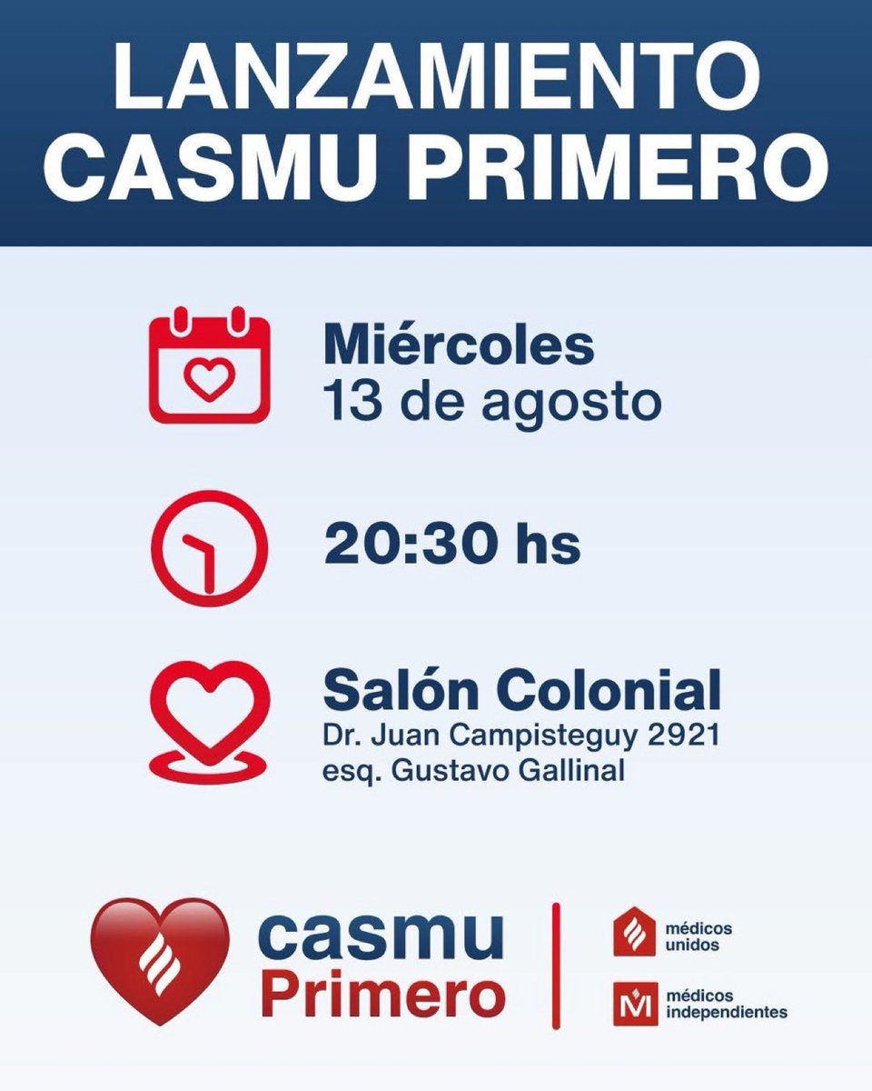 📣 ¡Te invitamos al gran lanzamiento de CASMU Primero!

💪🏼 Juntos podemos construir una institución más fuerte, moderna y enfocada en lo más importante: las personas.

🫶🏼 Sumate al movimiento que pone al CASMU Primero.

<a href="/RaulGermanRodri/">Raul German Rodrigue</a> <a href="/andrea_zumar/">Andrea Zumar</a> <a href="/jjareosa/">Juan José Areosa</a> 

#CasmuPrimero 🏥