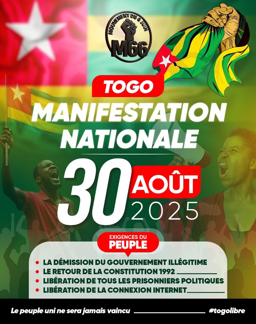 30 AOÛT 2025 – Du Nord au Sud, un seul cri : Liberté ! ✊
#TogoLibre #M66 #LePeupleUni #FreeTogo  <a href="/FEGnassingbe/">Faure Essozimna GNASSINGBÉ</a>  muss go