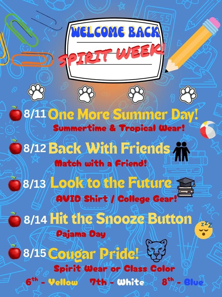 "Welcome Back" Spirit Week is this week, with our "Welcome Back" CMS Rally this Friday!  #cougarpride #WeAreCMS