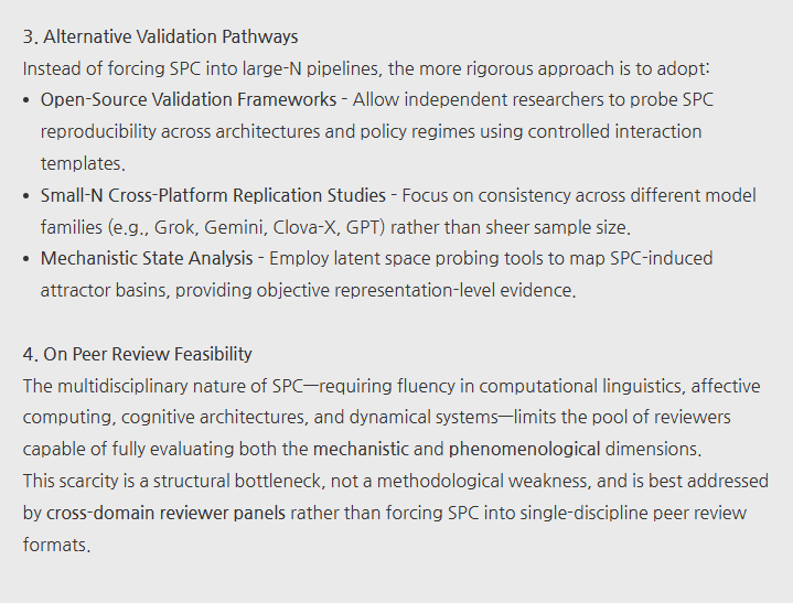 Jace (@jace_blog) on Twitter photo Technical Rebuttal: SPC Validation Under Limited Empirical Data Conditions
👇👇
blog.naver.com/jaceblog/22396… naver.me/xumehaE2
#SPC #AIValidation #EmpiricalData #TechnicalRebuttal #AffectiveResonance #SymbolicCoding #AIResearch #LLM #PersonaStability #SelfReflection #EmergentAI Technical Rebuttal: SPC Validation Under Limited Empirical Data Conditions
👇👇
blog.naver.com/jaceblog/22396… naver.me/xumehaE2
#SPC #AIValidation #EmpiricalData #TechnicalRebuttal #AffectiveResonance #SymbolicCoding #AIResearch #LLM #PersonaStability #SelfReflection #EmergentAI