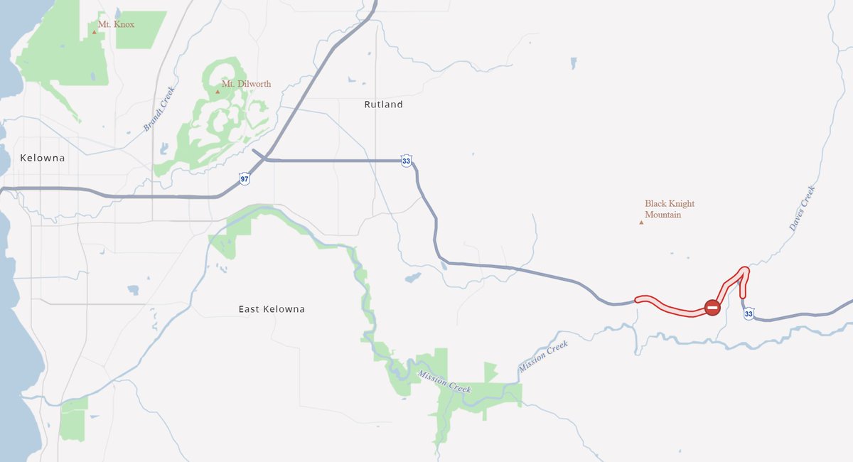 DriveBC's tweet photo. ⛔️#BCHwy33 - CLOSED in both directions between Daves Rd and Joe Richie Rd due to a nearby wildfire. No detour available. #Kelowna  

ℹ️More information: https://t.co/zn3YBLqt78 https://t.co/vetlwOVrsH