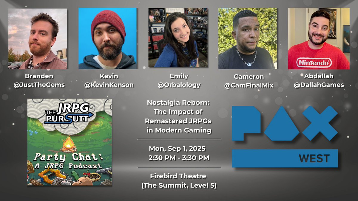 Emily ๐ซ (@orbalology) on Twitter photo We've got an awesome panel coming to #PAXWest2025 on The Impact of Remastered JRPGs in Modern Gaming! If you'll be attending on Monday be sure to come by so you can check out this podcast collaboration with myself, <a href="/_justthegems/">Just the Gems ๐ PAX West</a> , <a href="/DallahGames/">Dallah Games ๐ PAX West</a>, <a href="/KevinKenson/">Kevin Kenson</a> and <a href="/CamFinalMix/">Cam Hawkins โ๐ฝ๐ ๐ PAX West</a>! We've got an awesome panel coming to #PAXWest2025 on The Impact of Remastered JRPGs in Modern Gaming! If you'll be attending on Monday be sure to come by so you can check out this podcast collaboration with myself, <a href="/_justthegems/">Just the Gems ๐ PAX West</a> , <a href="/DallahGames/">Dallah Games ๐ PAX West</a>, <a href="/KevinKenson/">Kevin Kenson</a> and <a href="/CamFinalMix/">Cam Hawkins โ๐ฝ๐ ๐ PAX West</a>!