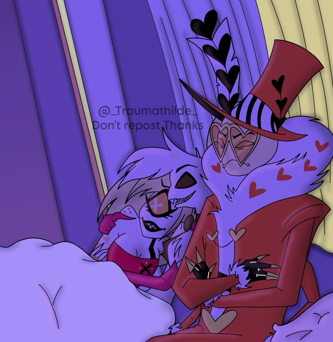 Traumathildee's tweet photo. 💜💜💜

••••••
#HazbinHotel #hazbinhotelfanart #angeldust #cherriebomb #valentino #vivziepop @VivziePop https://t.co/1ker4dxdm2