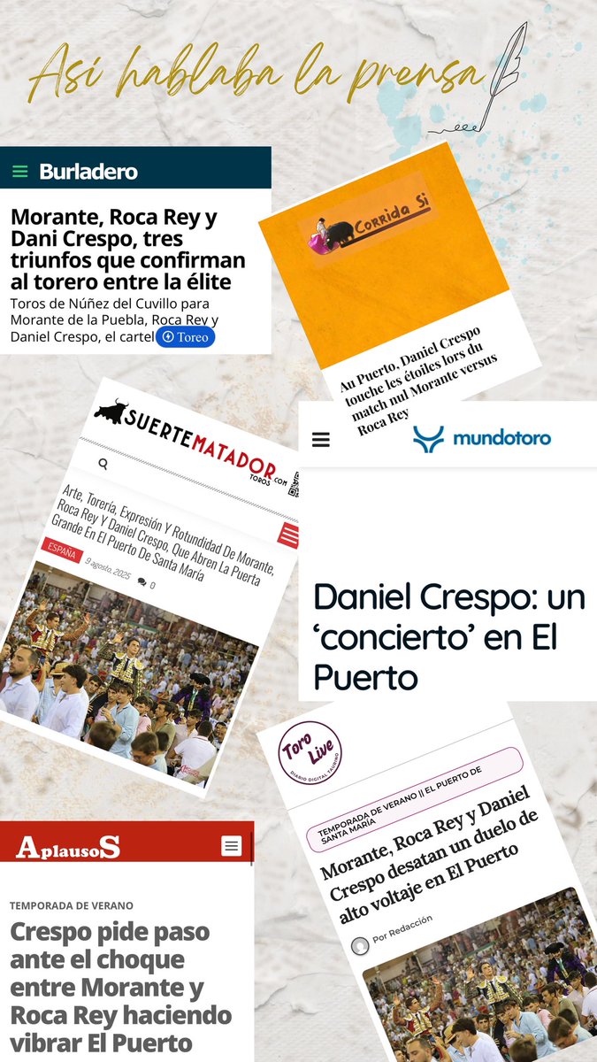 🗞️ Así hablaba la 𝗽𝗿𝗲𝗻𝘀𝗮 de la actuación de #DanielCrespo tras su triunfo en la Real Plaza de Toros de 𝗘𝗹 𝗣𝘂𝗲𝗿𝘁𝗼 𝗱𝗲 𝗦𝗮𝗻𝘁𝗮 𝗠𝗮𝗿𝗶́𝗮. 

#Toros #Torero #ElPuertoDeSantaMaria