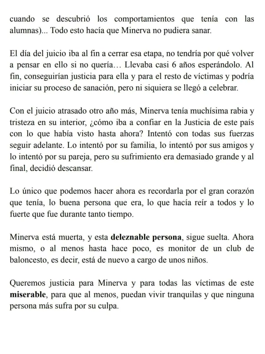 rgdiiana_'s tweet photo. Minerva, una chica de mi pueblo, se ha suicidado por el abuso que sufrió por parte de un profesor en 2019. Hay más víctimas y a día de hoy no se ha hecho justicia, ese monstruo sigue suelto. He sacado estas imágenes del Instagram de su padre vishormalone que lo explica mejor. https://t.co/AzcajV7XbC