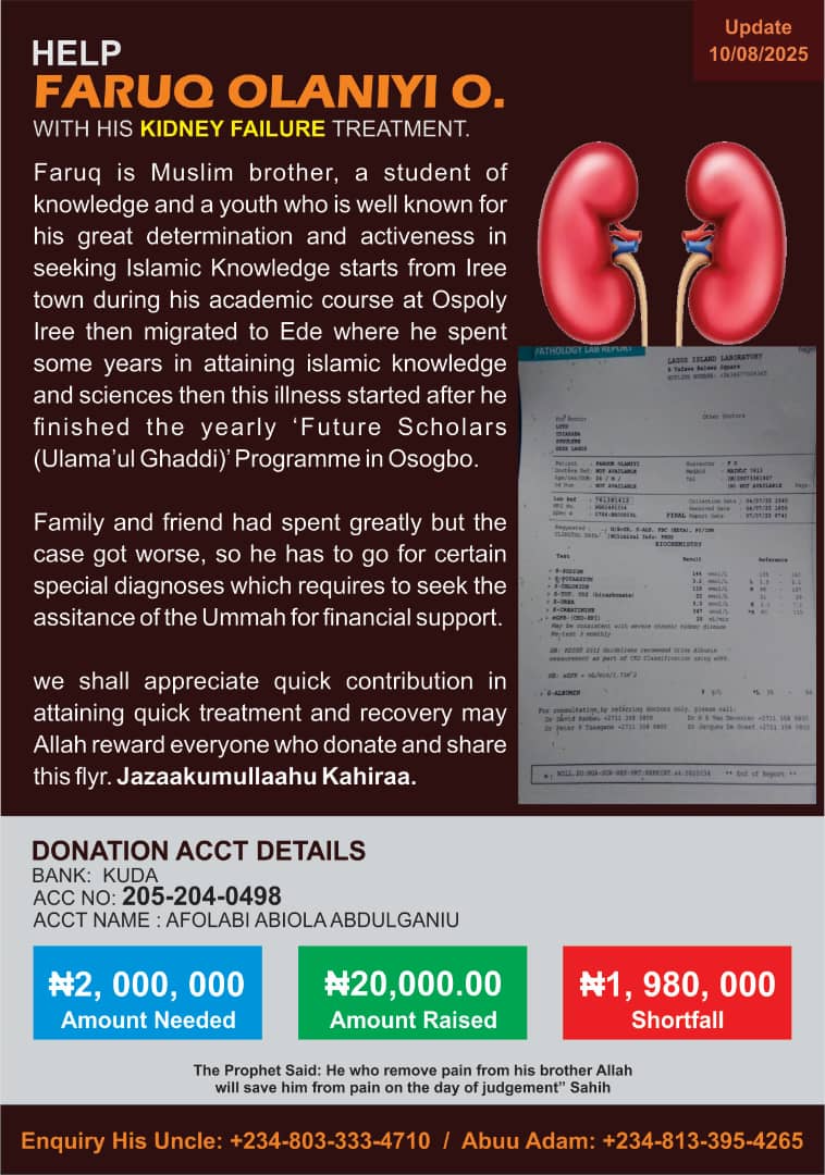 PeaceYusuph's tweet photo. Assalamu Alaikum wa rahmatullah.

A dear brother and friend is battling serious kidney problems and urgently needs our help for treatment.
Your duas, your shares, and any financial support you can give will mean so much.
May Allah reward you abundantly and ease his pain. https://t.co/sHsdIXCPwk