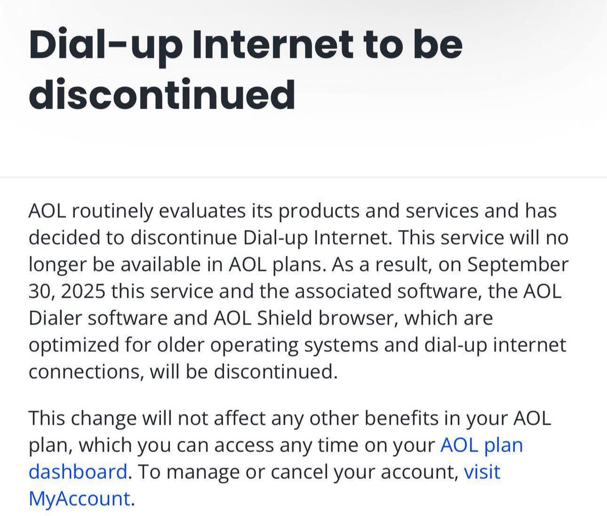 AOL dialup service is being canceled!

September 30, 2025 will be the last day.

No more modems for AOL.

End of an era.