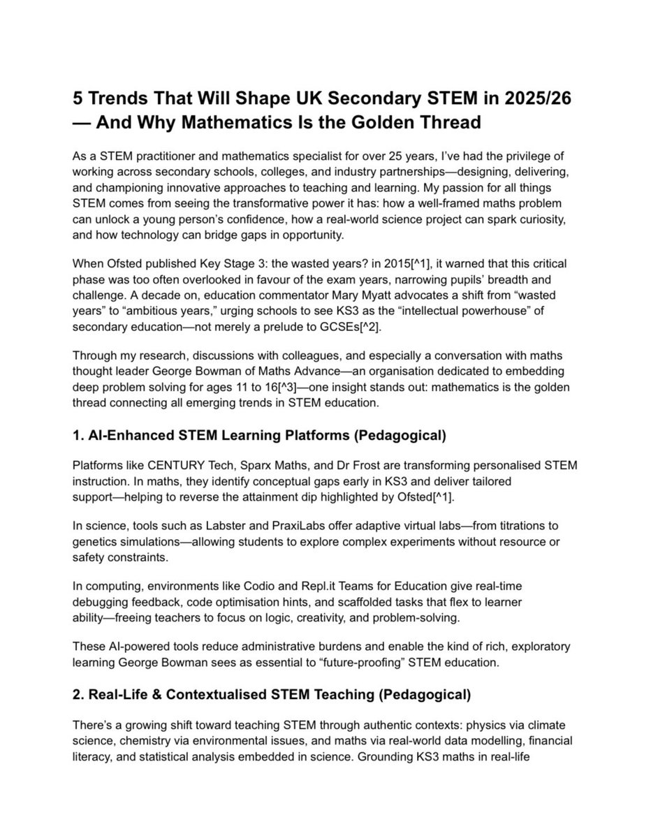 5 trends shaping #UK secondary #STEM in 2025/26: • AI-powered personalised  learning • Real-life project-led STEM activities. • Closing #gender gaps •  Tackling #teacher shortages • Interdisciplinary #STREAM models FutureSkills  #WomenInSTEM #MathsMatters ...