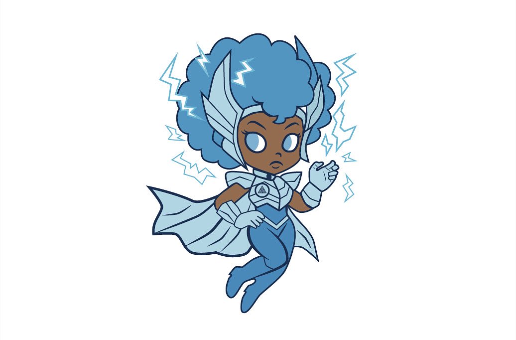 MapelSoL's tweet photo. I am a Storm Player from the game marvel rivals and she has a blue skin avatar in the game and they make chibi stickers in the game for Galacta so i figured I would make a Storm Chibi since she’s the best ! The hands and arms we so difficult for me to you my hand figure I used 😂 https://t.co/0PvAYCU8TB