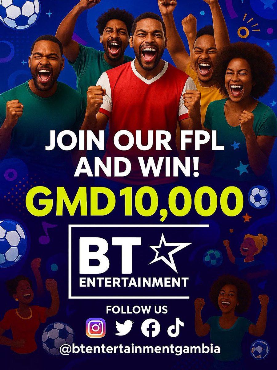 BT ENTERTAINMENT GM PRESENTS:
FPL 2025/26 – Win Big! 🏆

Think you’ve got what it takes to outsmart the #Fantasy Premier League’s best?
 Join the BT ENTERTAINMENT FPL – D10,000 Challenge and prove it.
 🆓 Easy to join – just click below: fantasy.premierleague.com/leagues/auto-j…
Code: ob7y0c