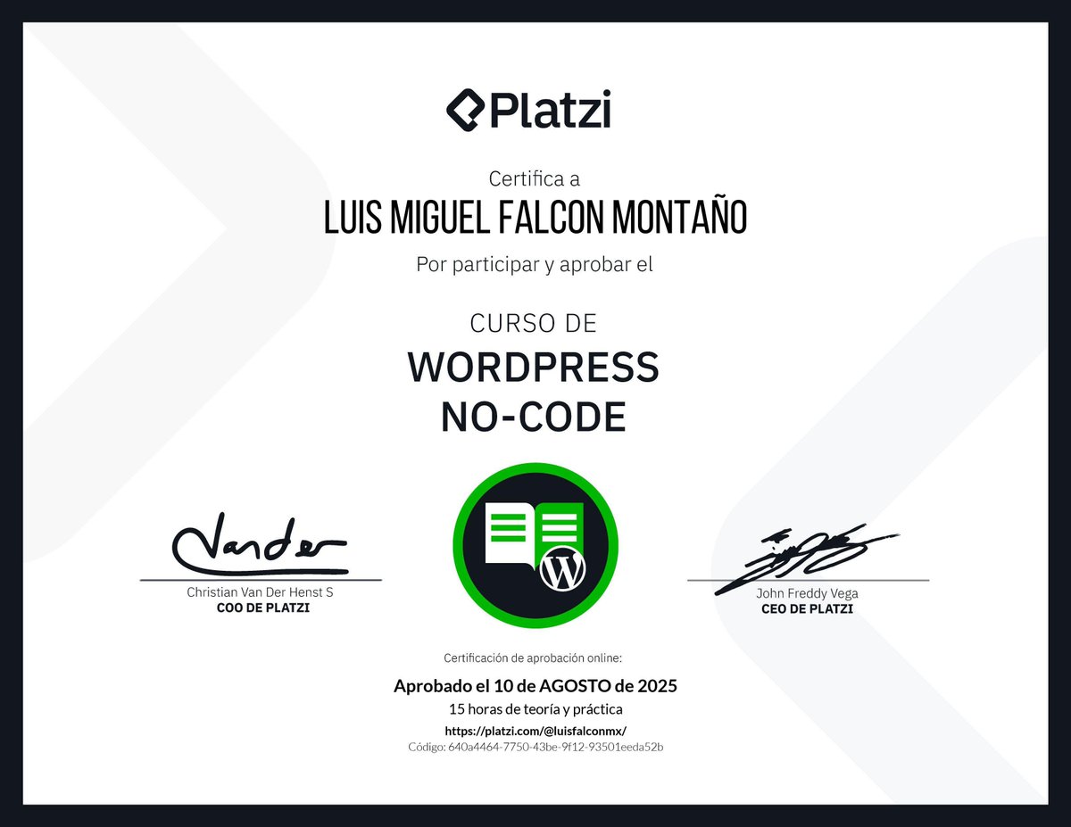 luisfalconmx's tweet photo. ¡Aprobé el Curso de WordPress No-Code en @Platzi! #NuncaParesDeAprender https://t.co/aOzTOrgvae https://t.co/05heG22TxE