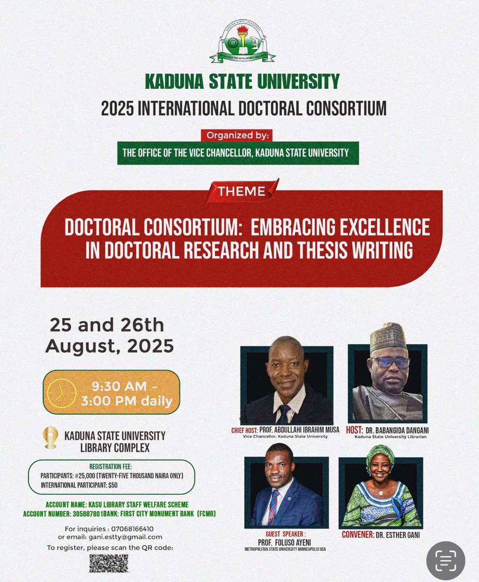 EstherGani2's tweet photo. "Join the 2025 International Doctoral Consortium at KASU — 2 days of research excellence, skills building, and networking! 📅 25–26 Aug. Register now 👉 https://t.co/QFUEMg5AYm" https://t.co/hpl8d0JDvY