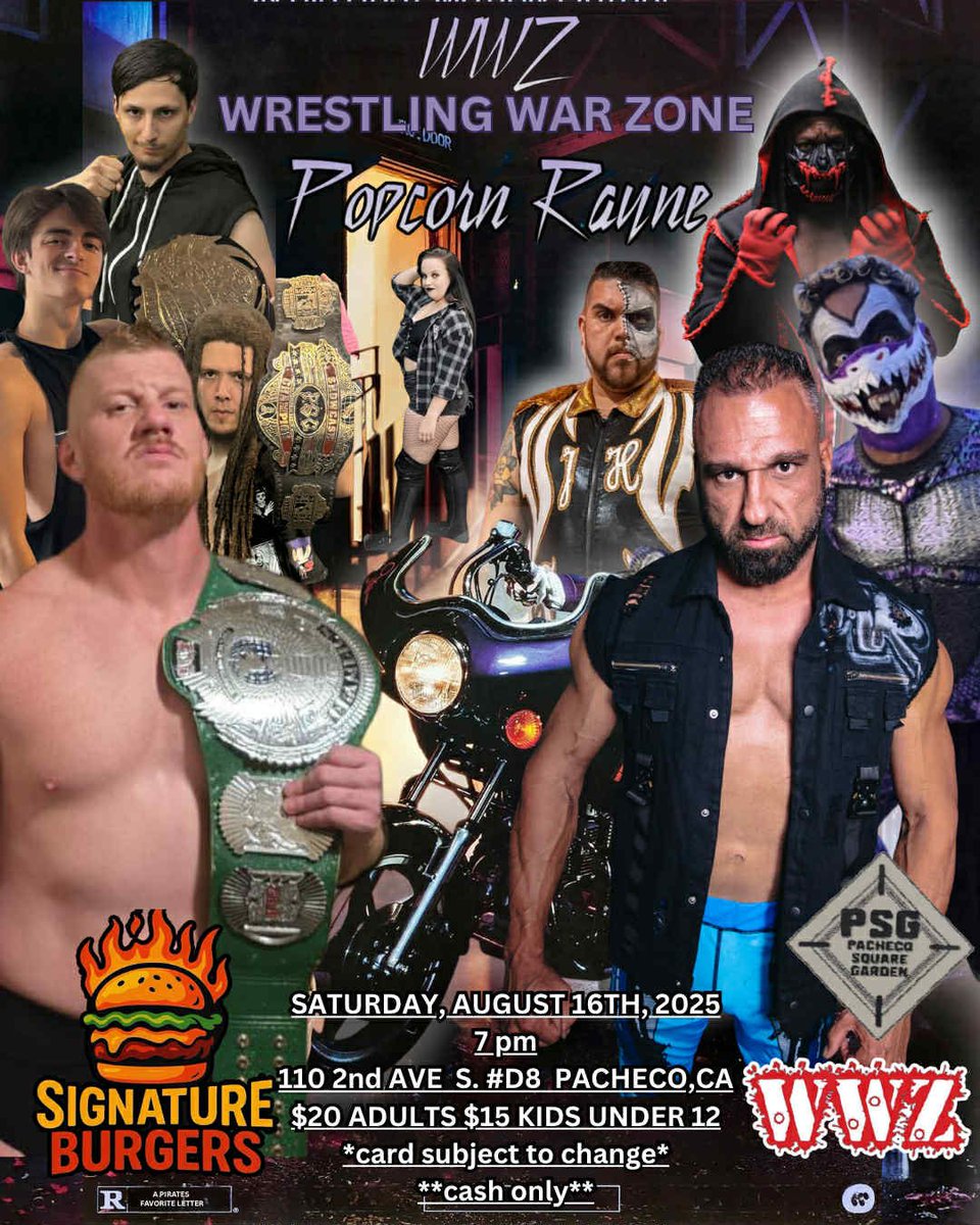East Bay Pro Wrestling (@ebpwrestling) on Twitter photo Saturday, August 16 - #Wrestling War Zone
*WWZ champ <a href="/BrandoHumphrey/">HellboundHumphrey</a> vs Mike Rayne
*PSG champ <a href="/AndrewCassPW/">Andrew Cass</a> vs <a href="/ChupyChupy/">El Chupacabra</a>
*PSG Showcase champ Miles Harley vs Jason Hastings
*Nicole Amity vs Annabel Skye
* <a href="/CheemaDaLion/">"The Punjabi Lion" Harman Cheema</a> vs Big Sal E
*Dumpster Match - JT Hawk vs RBJ (<a href="/AtlBatman/">Renegade Britain Jackson (RBJ)🔜 Training @ FSW</a>) Saturday, August 16 - #Wrestling War Zone
*WWZ champ <a href="/BrandoHumphrey/">HellboundHumphrey</a> vs Mike Rayne
*PSG champ <a href="/AndrewCassPW/">Andrew Cass</a> vs <a href="/ChupyChupy/">El Chupacabra</a>
*PSG Showcase champ Miles Harley vs Jason Hastings
*Nicole Amity vs Annabel Skye
* <a href="/CheemaDaLion/">"The Punjabi Lion" Harman Cheema</a> vs Big Sal E
*Dumpster Match - JT Hawk vs RBJ (<a href="/AtlBatman/">Renegade Britain Jackson (RBJ)🔜 Training @ FSW</a>)