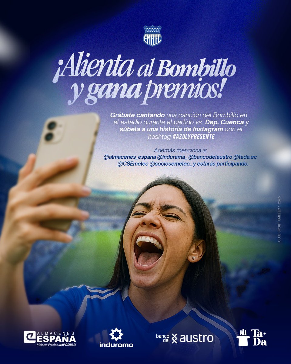 CSEmelec's tweet photo. ¡Participa por premios gracias a Almacenes España, Indurama, Banco del Austro y TaDa!
Ven al estadio, grábate cantando una canción del Bombillo durante el partido vs. Dep. Cuenca, y súbela a una historia de Instagram con el hashtag #AzulyPresente, mencionando a:

✅ @almacenes_espana
✅ @indurama_
✅ @bancodelaustro
✅ @tada.ec
✅ @CSEmelec
✅ @sociosemelec_

y ya estás participando.

Los ganadores serán anunciados en el entretiempo.
Los premios deberán ser retirados en la sede administrativa del estadio, al finalizar el partido.

🚨 NOTA IMPORTANTE: Únicamente participan socios e hinchas que asistan al partido vs. Dep. Cuenca, este lunes 11 de agosto (Comprobable).

#TodosALaCancha #MasUnidosQueNunca #VamosEmelec #AzulyPresente
