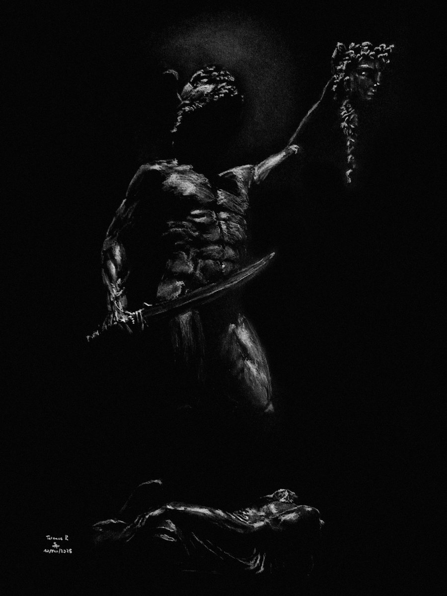 occultaluce's tweet photo. Perseus and the Medusa, pencil and white charcoal on black paper (B2 paper), 44 x 60 cm, 2025

#art #noir https://t.co/irkdFlq2o3