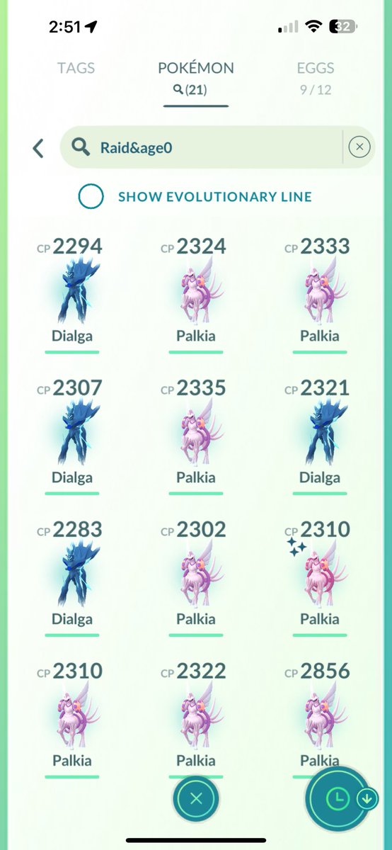 origin raid day!
 
22 raids (lost 1), 1 shiny palkia, and 6 with moves. no shiny dialga for me ☹️